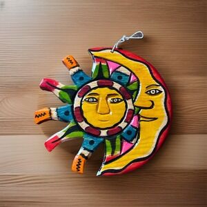 Colorful Carved Wooden Sun And Moon Wall Art Decor Hand Painted Celestial Bright
